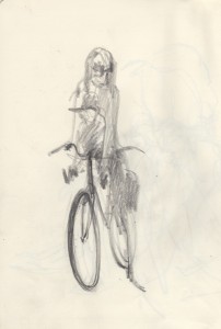 A sketch made of a mummy and child on a bicycle in Bruges, Belgium 2014